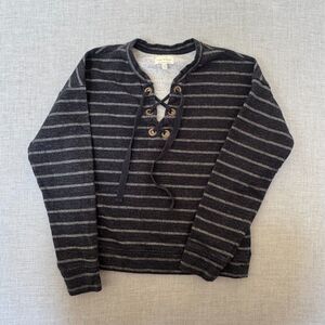 Lucky Brand Lace Up Top Women XS Striped Pullover Long Sleeve Boho Casual